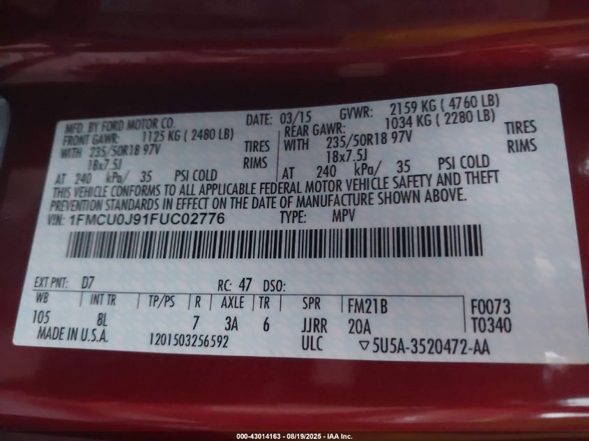 2015 Ford Escape Titanium VIN: 1FMCU0J91FUC02776 Lot: 43014163