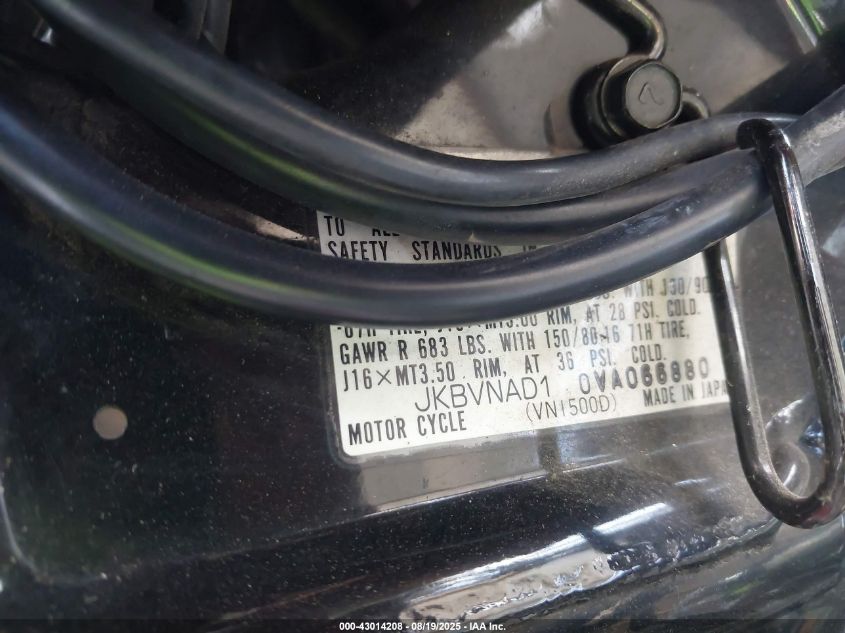 1997 Kawasaki Vn1500 D VIN: JKBVNAD10VA066880 Lot: 43014208