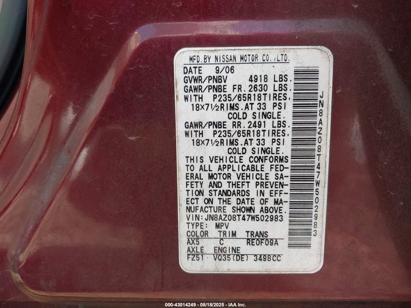 2007 Nissan Murano S VIN: JN8AZ08T47W502983 Lot: 43014249