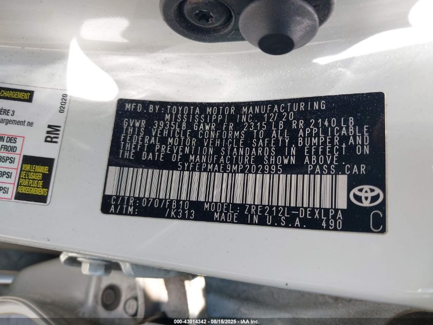 2021 Toyota Corolla Le VIN: 5YFEPMAE9MP202995 Lot: 43014342