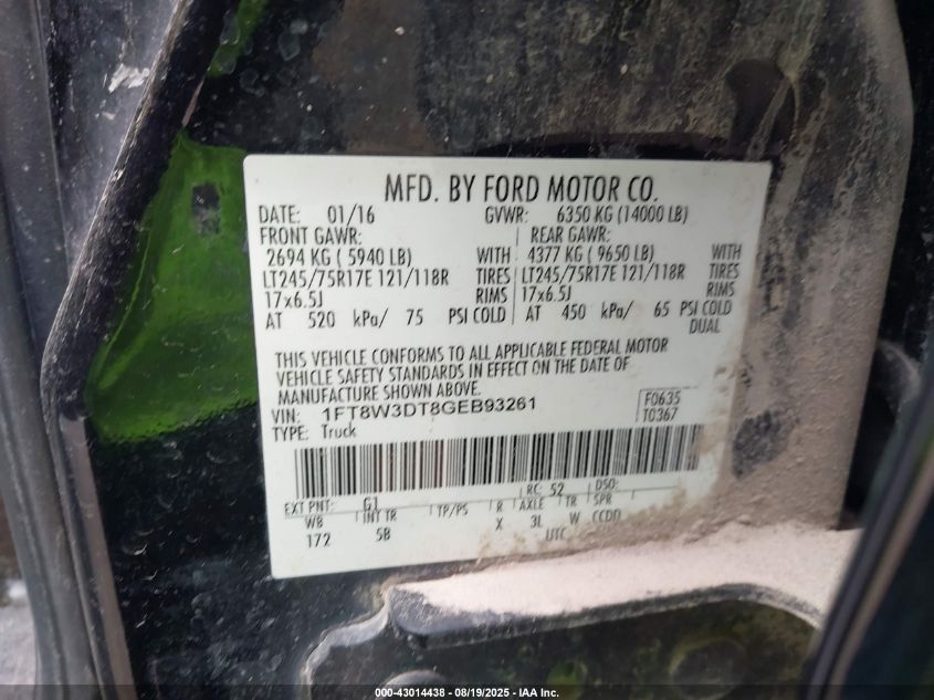 2016 Ford F-350 Lariat VIN: 1FT8W3DT8GEB93261 Lot: 43014438