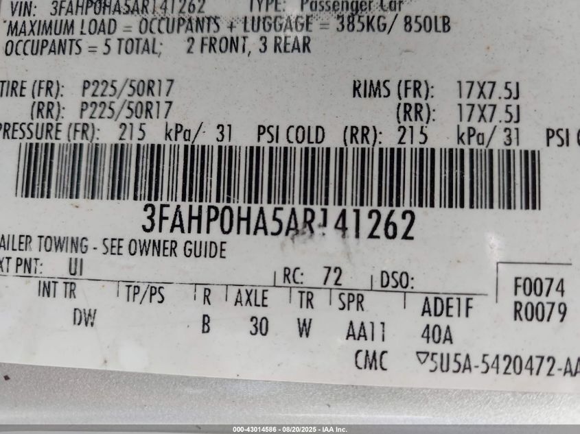 2010 Ford Fusion Se VIN: 3FAHP0HA5AR141262 Lot: 43014586