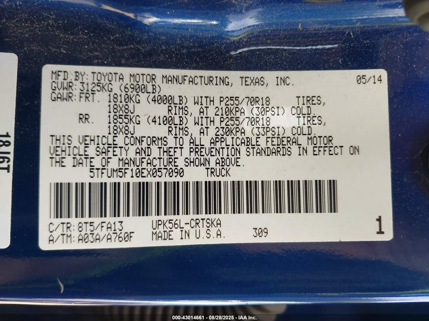 2014 TOYOTA TUNDRA SR 4.6L V8 - 5TFUM5F10EX057090