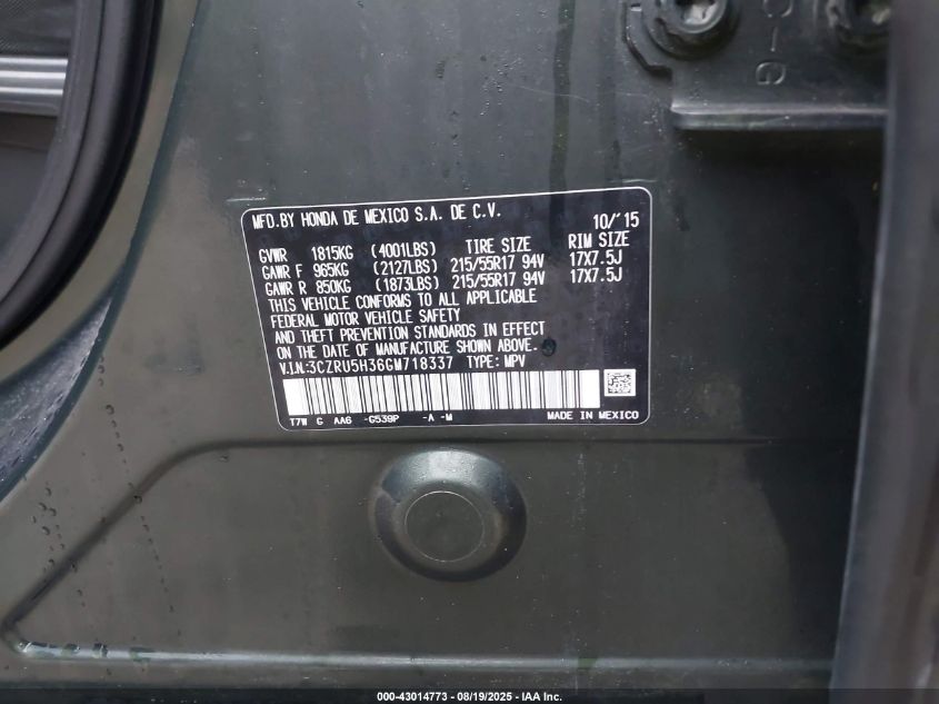 2016 Honda Hr-V Lx VIN: 3CZRU5H36GM718337 Lot: 43014773