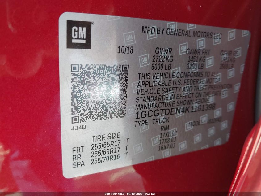 2019 Chevrolet Colorado Z71 VIN: 1GCGTDEN4K1161398 Lot: 43014853