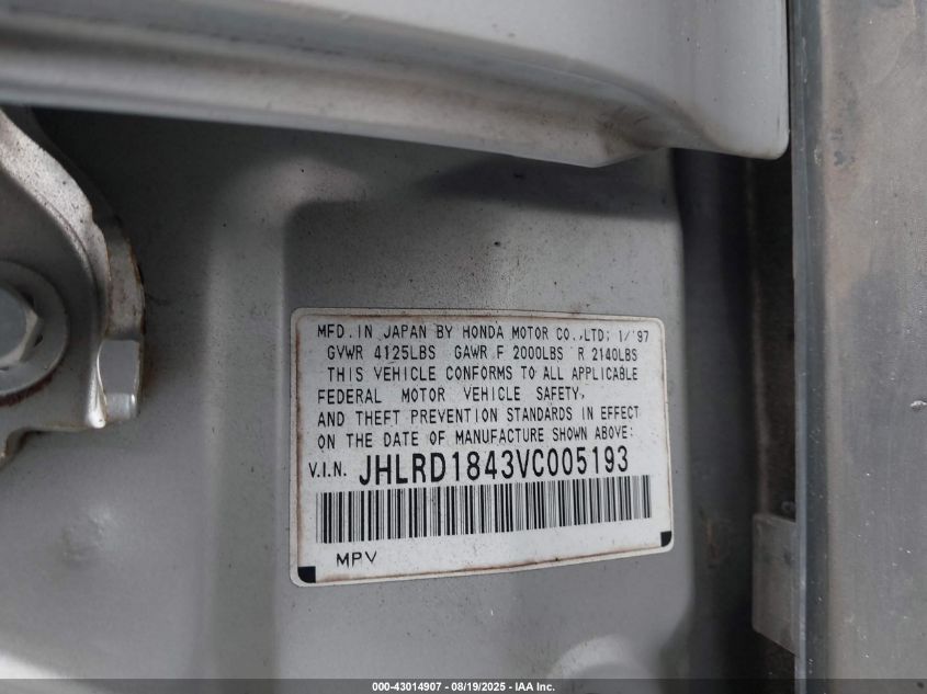 1997 Honda Cr-V VIN: JHLRD1843VC005193 Lot: 43014907