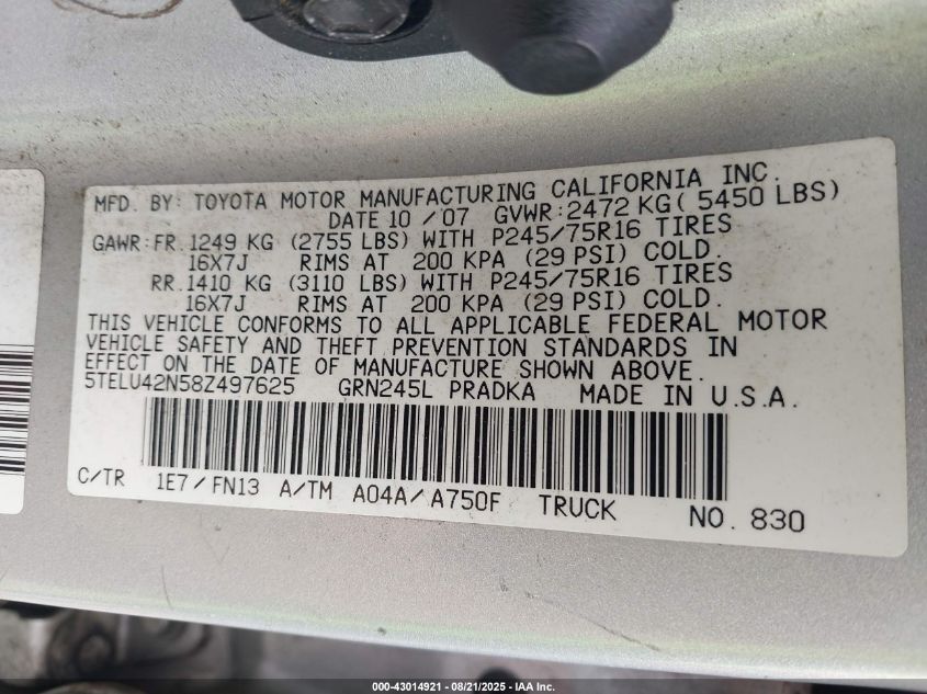 2008 Toyota Tacoma Base V6 VIN: 5TELU42N58Z497625 Lot: 43014921