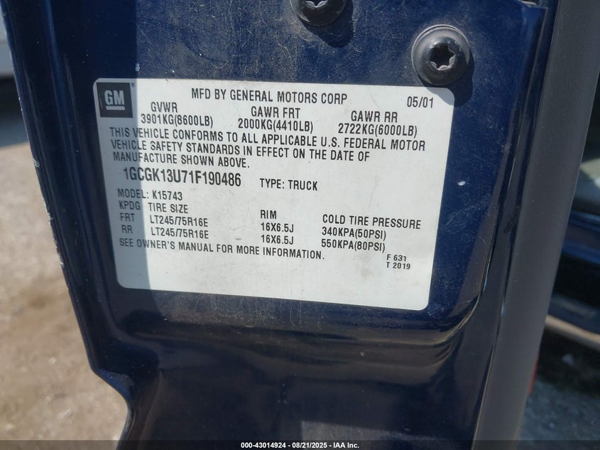 2001 Chevrolet Silverado 1500Hd Lt VIN: 1GCGK13U71F190486 Lot: 43014924