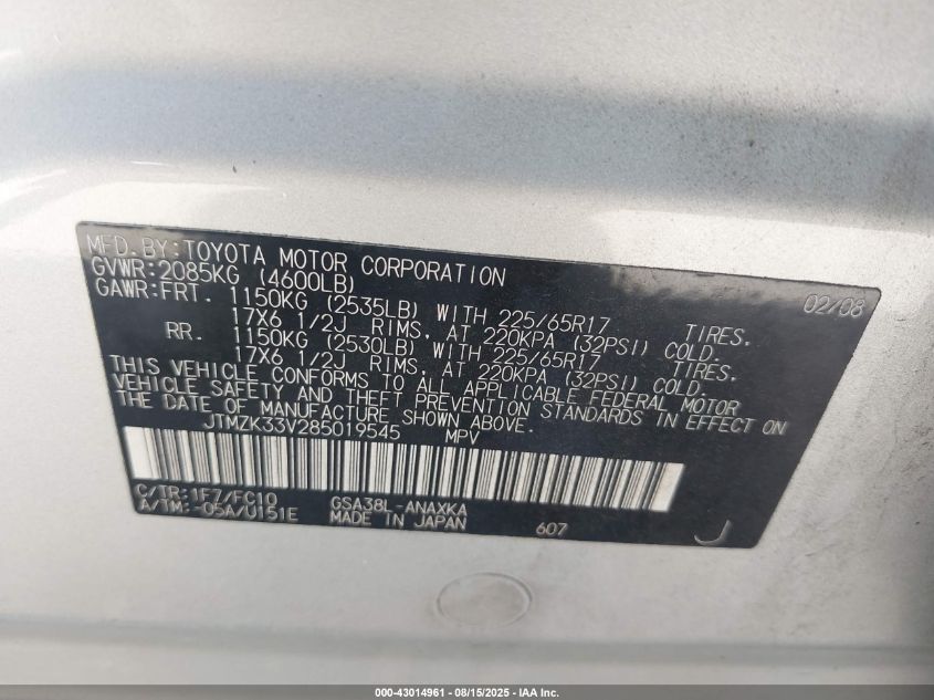 2008 Toyota Rav4 Base V6 VIN: JTMZK33V285019545 Lot: 43014961