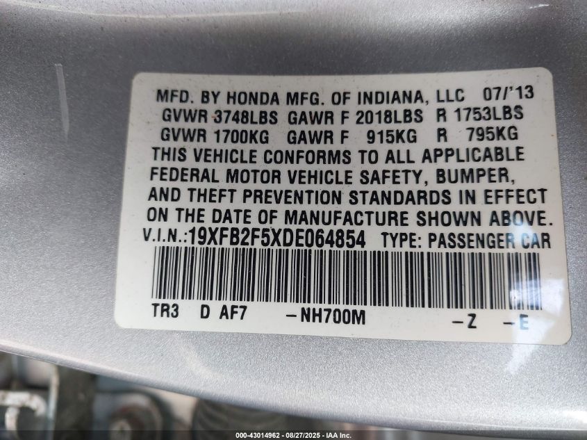 2013 Honda Civic Lx VIN: 19XFB2F5XDE064854 Lot: 43014962