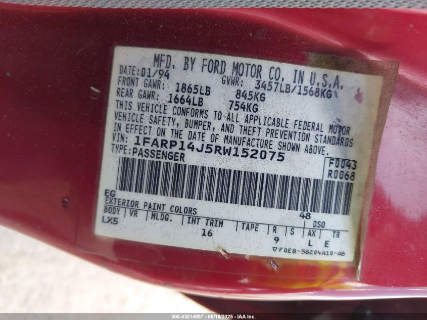 1994 Ford Escort Lx/Sport VIN: 1FARP14J5RW152075 Lot: 43014997