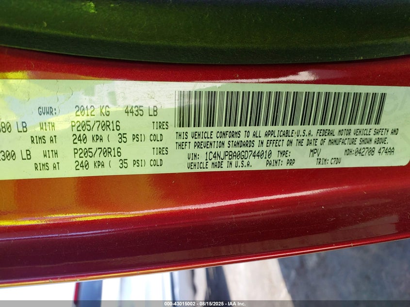 2016 JEEP PATRIOT SPORT - 1C4NJPBA0GD744010