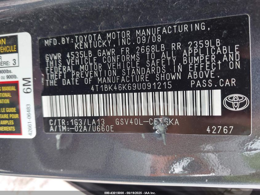 2009 Toyota Camry Xle V6 VIN: 4T1BK46K69U091215 Lot: 43015008
