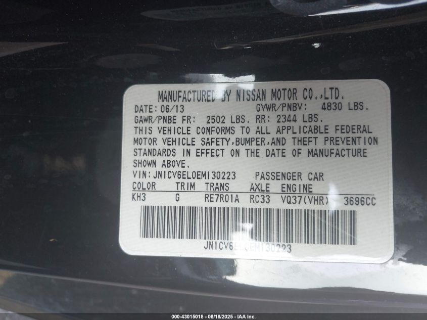 2014 Infiniti Q60 VIN: JN1CV6EL0EM130223 Lot: 43015018