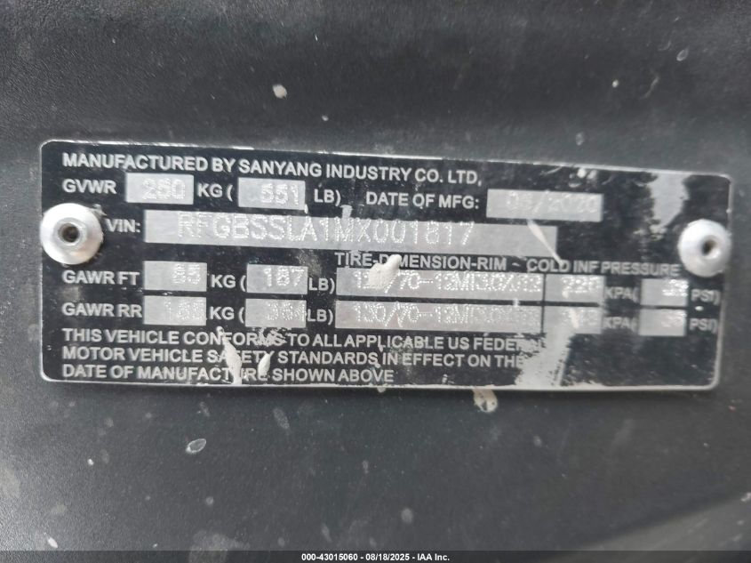 2021 Lance 150 VIN: RFGBSSLA1MX001817 Lot: 43015060