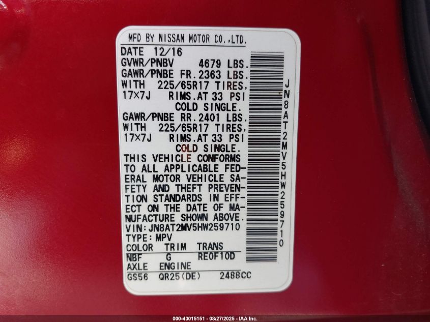 2017 Nissan Rogue S VIN: JN8AT2MV5HW259710 Lot: 43015151