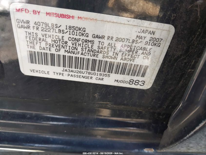 2008 Mitsubishi Lancer De/Es VIN: JA3AU26U78U019355 Lot: 43015214