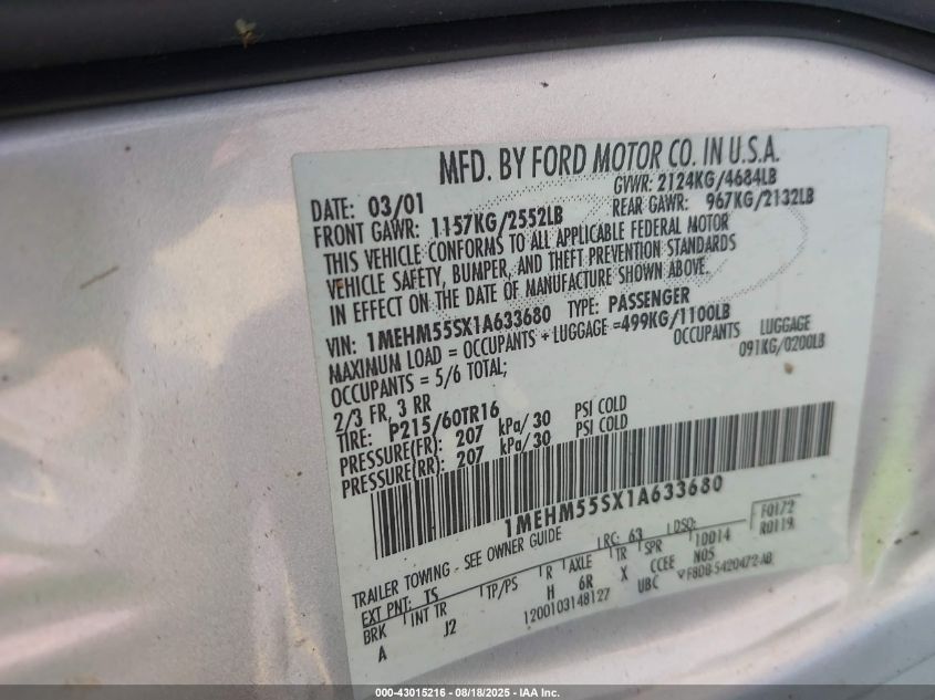 2001 Mercury Sable Ls Premium VIN: 1MEHM55SX1A633680 Lot: 43015216