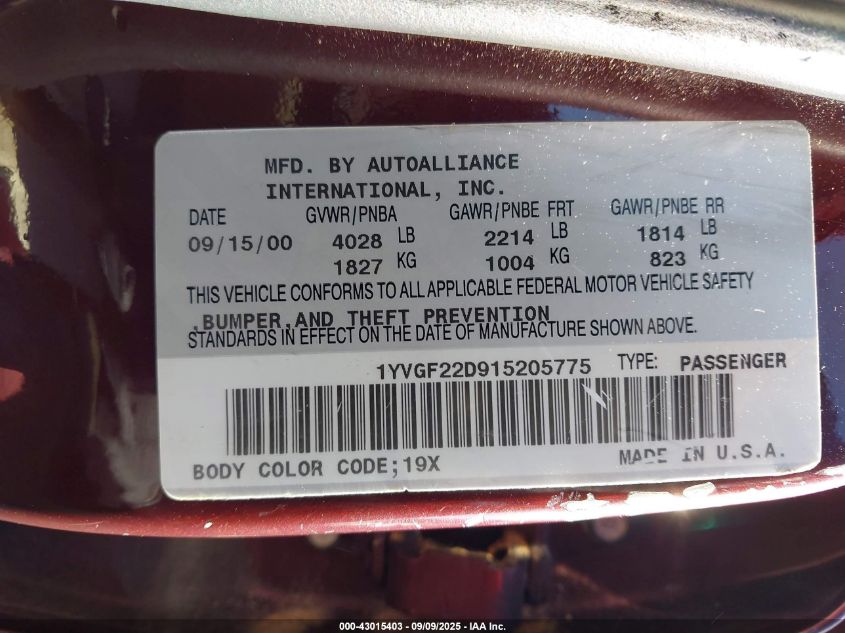 2001 Mazda 626 Es V6/Lx V6 VIN: 1YVGF22D915205775 Lot: 43015403