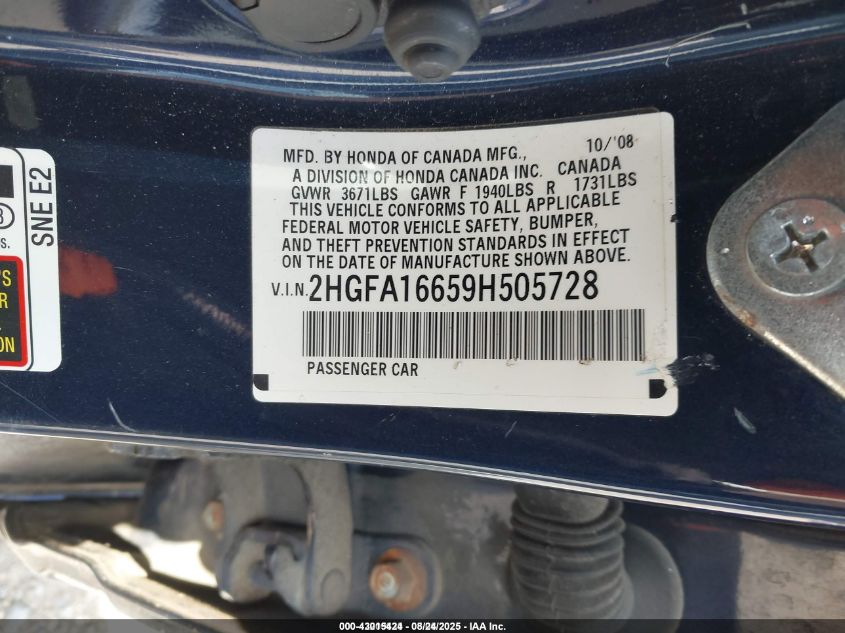 2009 Honda Civic Lx-S VIN: 2HGFA16659H505728 Lot: 43015424