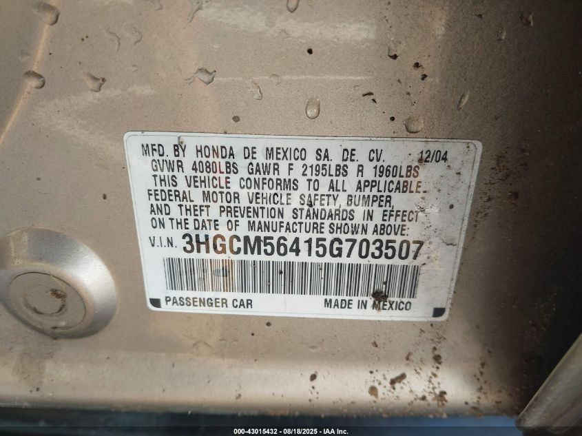 2005 Honda Accord 2.4 Lx VIN: 3HGCM56415G703507 Lot: 43015432