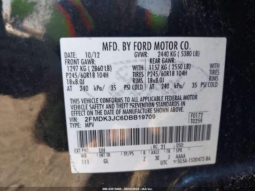 2013 Ford Edge Sel VIN: 2FMDK3JC6DBB19709 Lot: 43015469