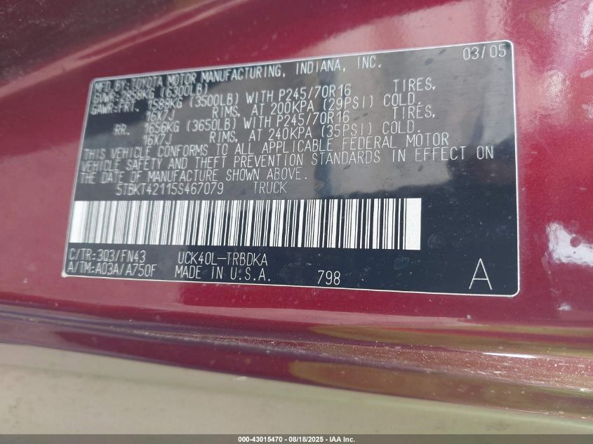 2005 Toyota Tundra Base V8 VIN: 5TBKT42115S467079 Lot: 43015470