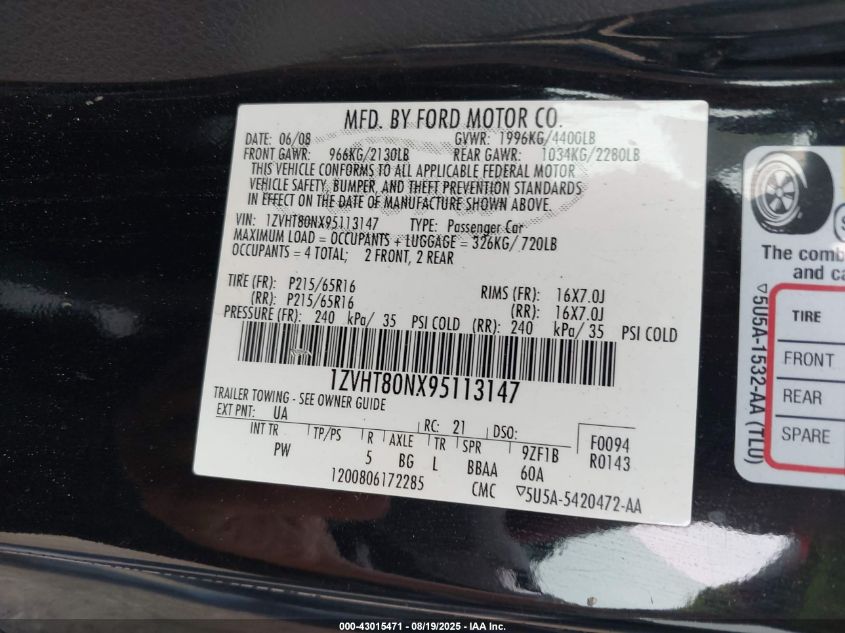 2009 Ford Mustang V6/V6 Premium VIN: 1ZVHT80NX95113147 Lot: 43015471