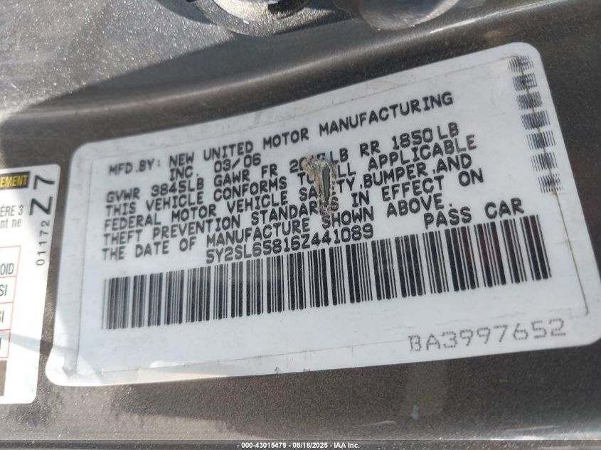 2006 Pontiac Vibe VIN: 5Y2SL65816Z441089 Lot: 43015479