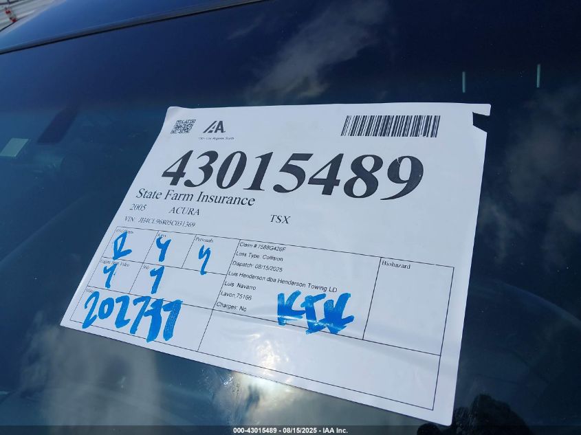 2005 Acura Tsx VIN: JH4CL96805C031369 Lot: 43015489