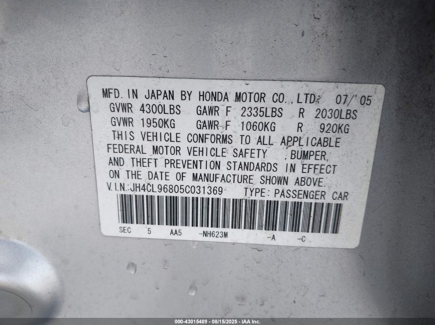 2005 Acura Tsx VIN: JH4CL96805C031369 Lot: 43015489