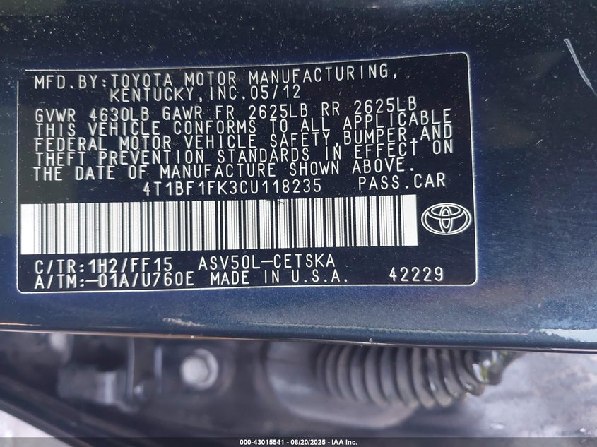 2012 Toyota Camry Se VIN: 4T1BF1FK3CU118235 Lot: 43015541