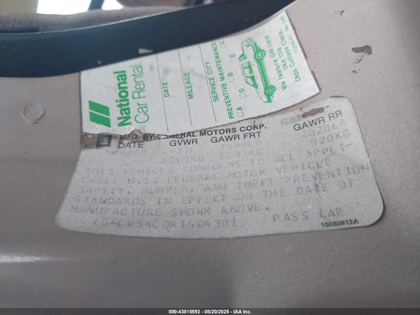 1989 Buick Electra Park Avenue VIN: 1G4CW54C0K1604301 Lot: 43015592