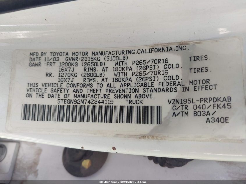 2004 Toyota Tacoma Prerunner V6 VIN: 5TEGN92N74Z344119 Lot: 43015649