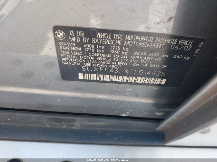 2007 BMW X5 3.0Si VIN: 5UXFE435X7L014425 Lot: 43015665