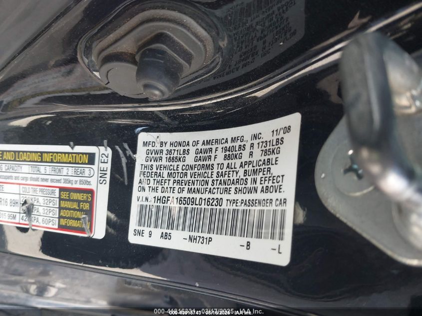2009 Honda Civic Lx VIN: 1HGFA16509L016230 Lot: 43015743