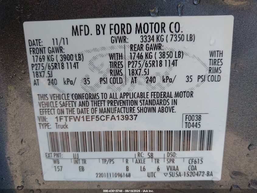 2012 Ford F-150 Lariat VIN: 1FTFW1EF5CFA13937 Lot: 43015748