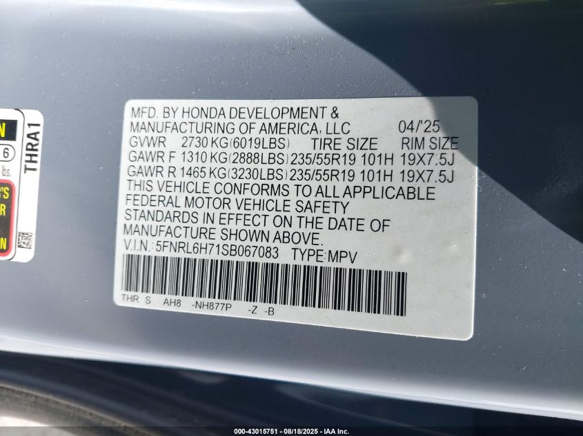 2025 Honda Odyssey - 5FNRL6H71SB067083