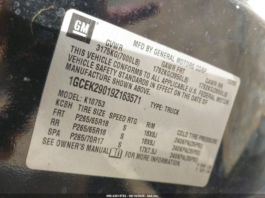 2009 Chevrolet Silverado 1500 Lt VIN: 1GCEK29019Z163571 Lot: 43015763