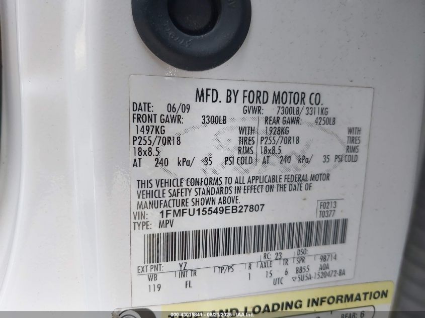 2009 Ford Expedition Xlt VIN: 1FMFU15549EB27807 Lot: 43015841