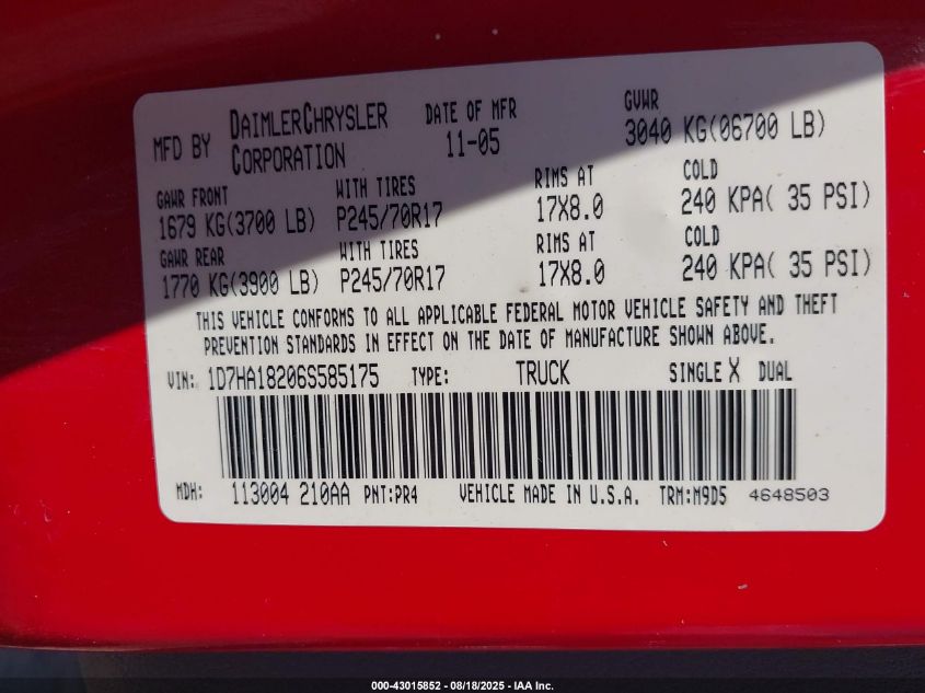 2006 Dodge Ram 1500 Slt VIN: 1D7HA18206S585175 Lot: 43015852