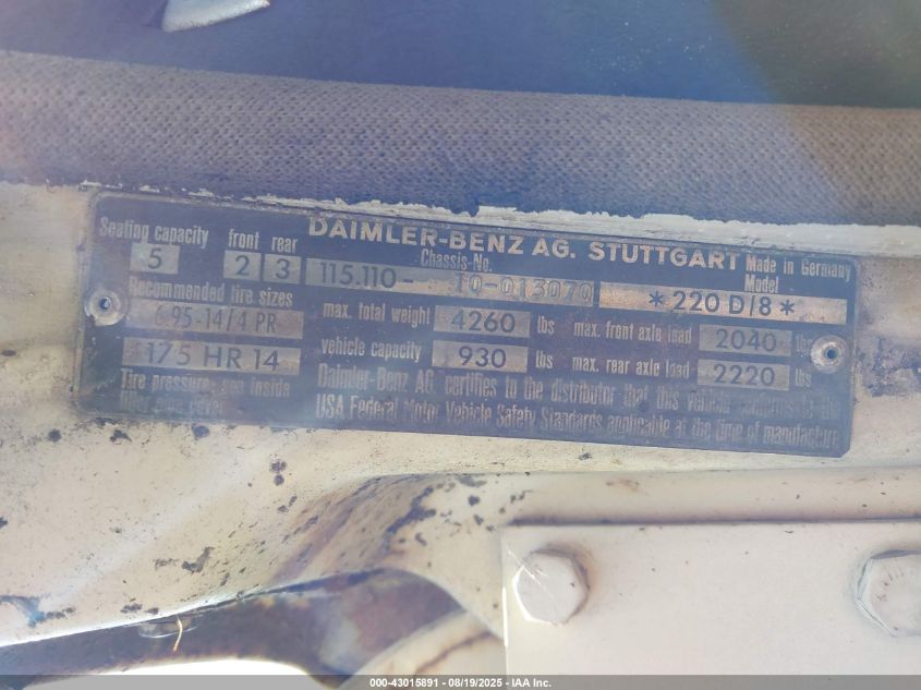 1968 Mercedes-Benz 220 VIN: 11511010013070 Lot: 43015891