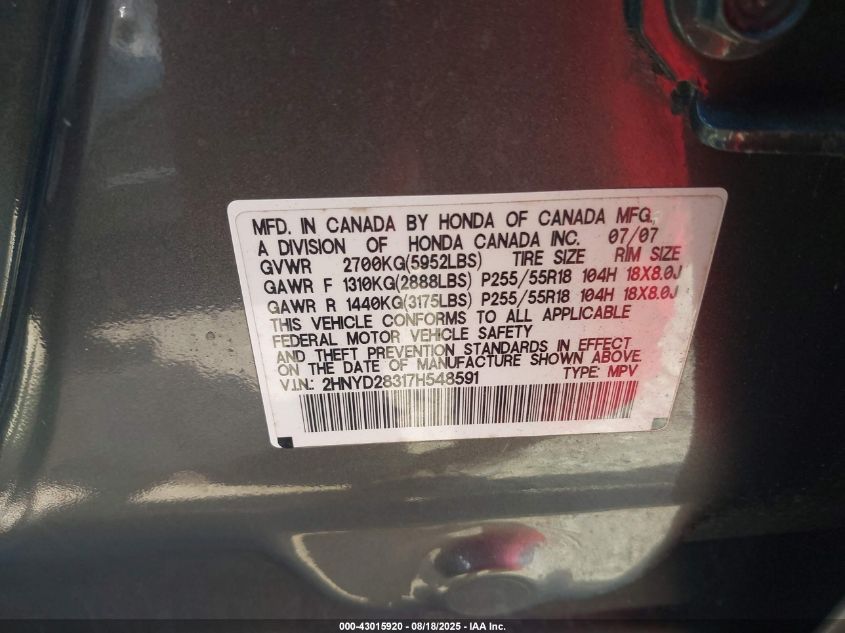 2007 Acura Mdx Technology Package VIN: 2HNYD28317H548591 Lot: 43015920