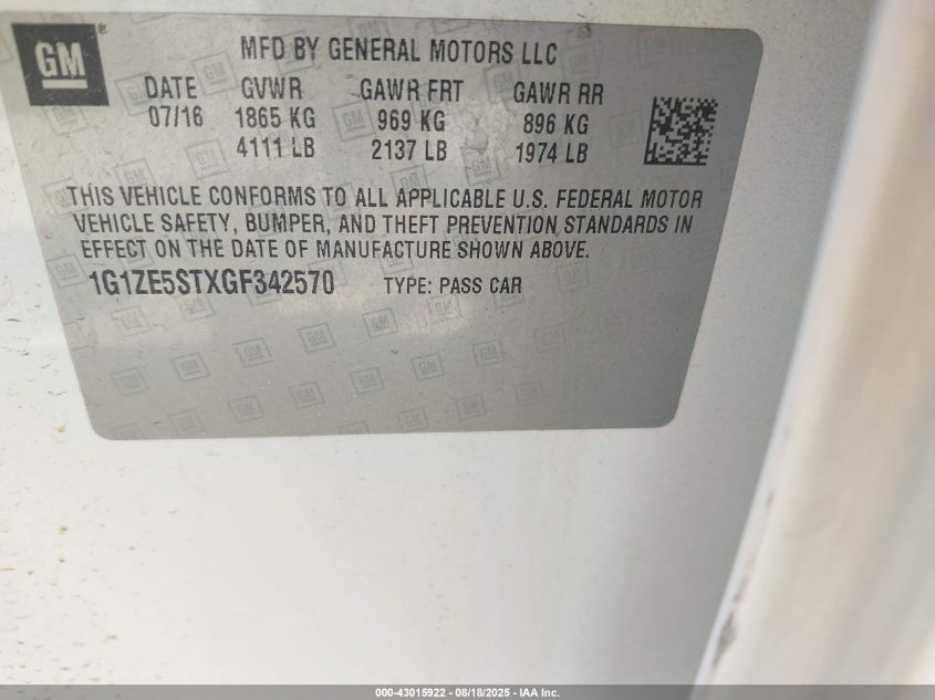 2016 Chevrolet Malibu 1Lt VIN: 1G1ZE5STXGF342570 Lot: 43015922
