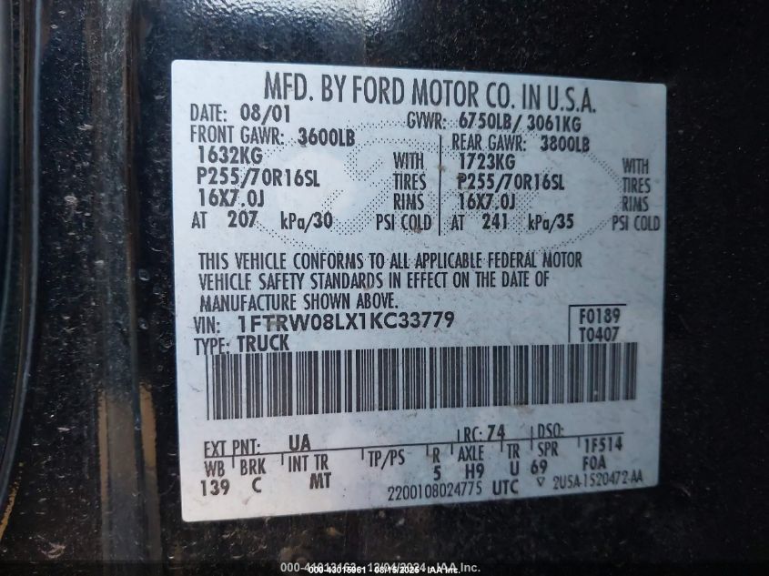 2001 Ford F-150 King Ranch Edition/Lariat/Xlt VIN: 1FTRW08LX1KC33779 Lot: 43015961