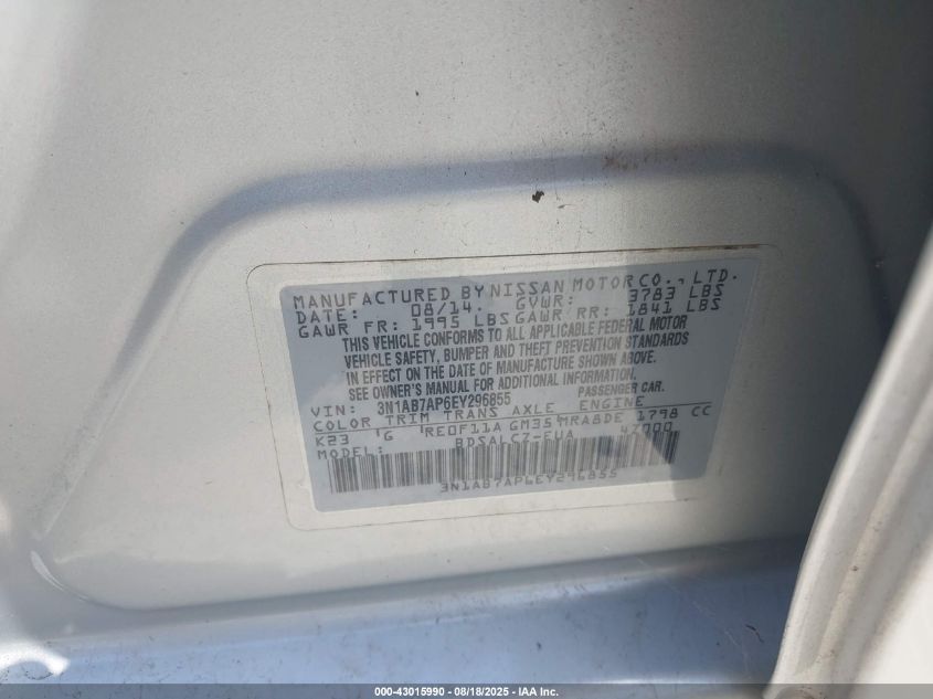 2014 Nissan Sentra Fe+ S VIN: 3N1AB7AP6EY296855 Lot: 43015990