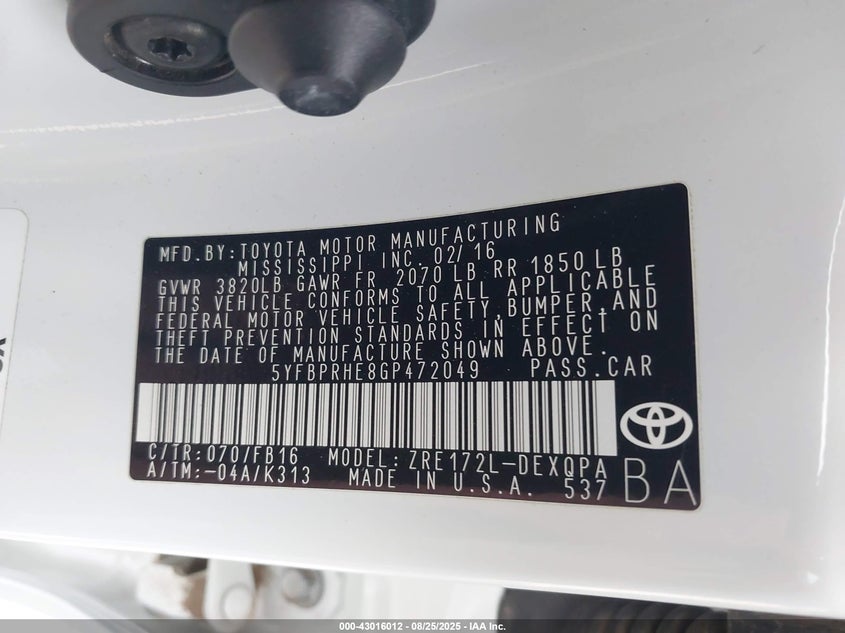 2016 Toyota Corolla Le Eco VIN: 5YFBPRHE8GP472049 Lot: 43016012