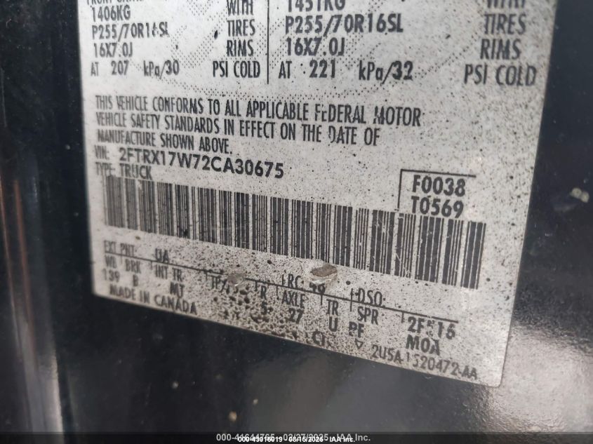 2002 Ford F-150 Lariat/Xl/Xlt VIN: 2FTRX17W72CA30675 Lot: 43016019