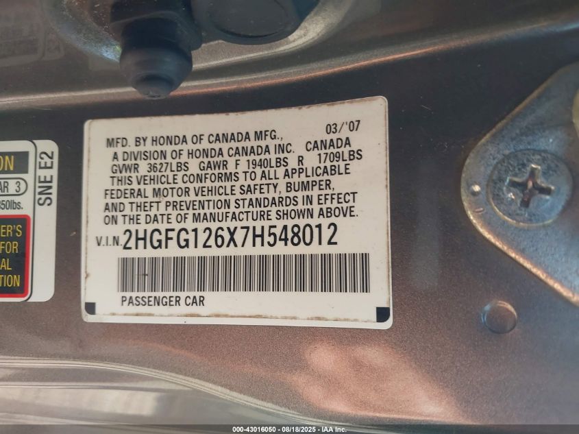 2007 Honda Civic Lx VIN: 2HGFG126X7H548012 Lot: 43016050