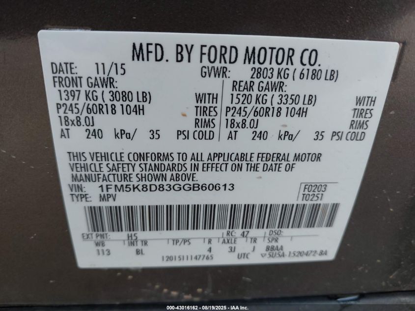 2016 Ford Explorer Xlt VIN: 1FM5K8D83GGB60613 Lot: 43016162